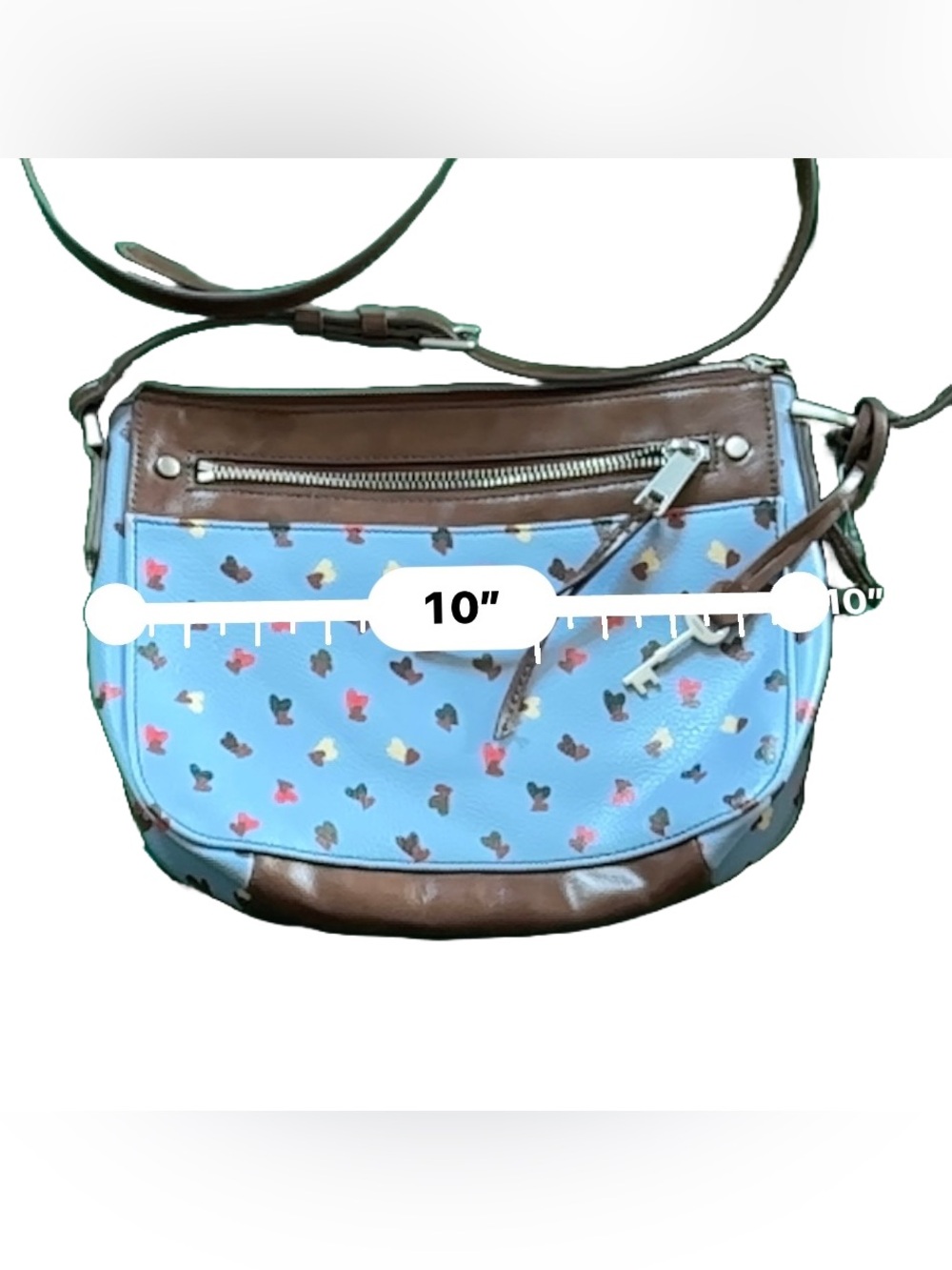 Fossil Farrah Crossbody Bag  (NWOT)– Light blue with Multicolor Heart print